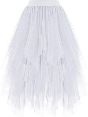 Women's White High Low Layered Asymmetrical Puffy Fairy Midi Length Tulle Skirt